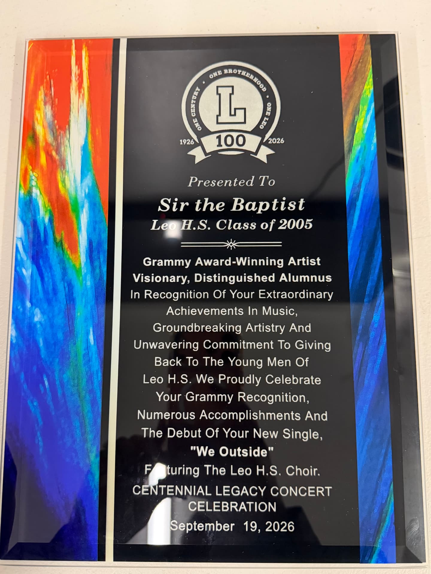 Centennial award plaque presented to Sir the Baptist, Leo H.S. Class of 2005
